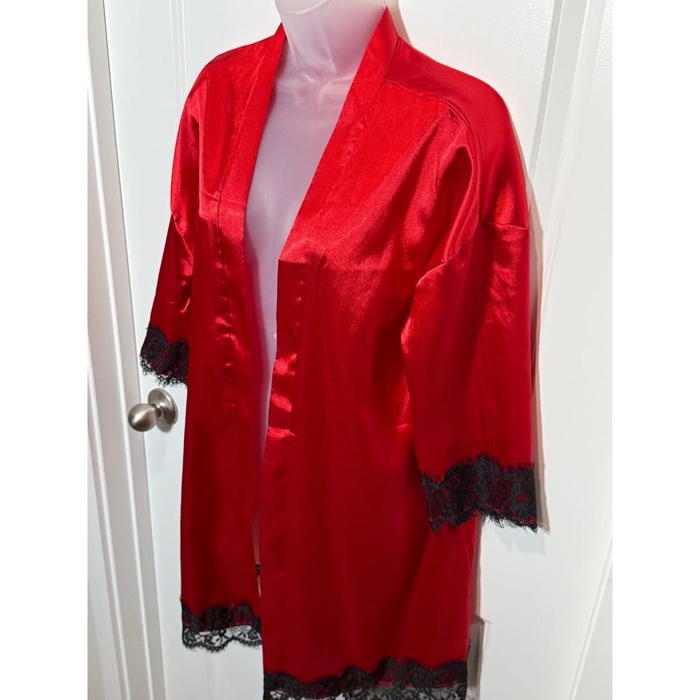 Kimono Red Satin Lace Trim Robe‎ Women's Medium Black Satin Boudoir Sleepwear M